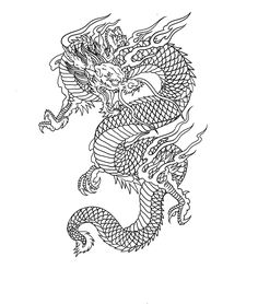 a black and white drawing of a dragon