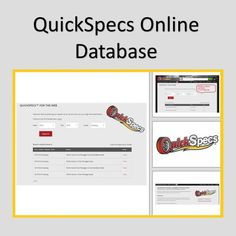 the quickspecs online database page is shown in yellow and white, with text that reads quickspecs online database