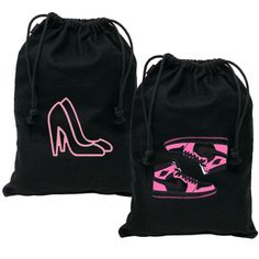 two black bags with pink and white designs on them, one has a high heel shoe