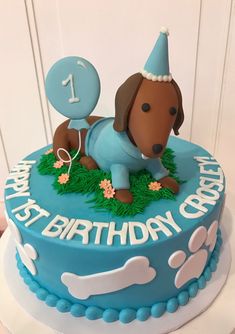 a blue birthday cake with a dog on it's side and the number 1