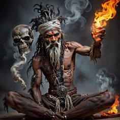 a man sitting on the ground with fire in his hand and two skulls behind him