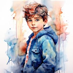 a watercolor painting of a young boy wearing a blue jacket and striped shirt with his hands in his pockets