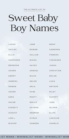 the ultimate list of sweet baby boy names on a blue background with clouds and stars