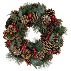 a christmas wreath with pine cones and berries