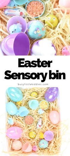 an easter egg box filled with plastic eggs and other colorful items in it, the text reads