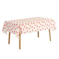 an image of a table cloth with strawberrys on it and pink polka dot print