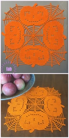 an orange crocheted doily is shown with apples in the foreground and on the right