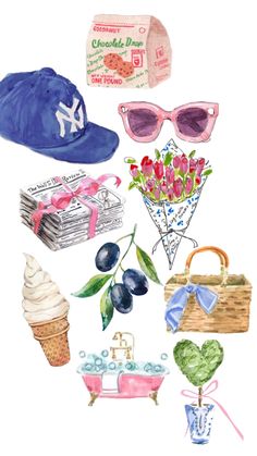 watercolor painting of various items including hats, sunglasses and flowers