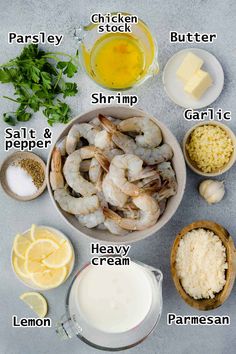 the ingredients to make shrimp and rice soup are shown in bowls, including lemons, parsley, parsley, butter, garlic, parmesan, parsley