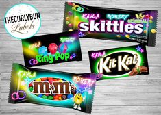 three candy bars with the name skittles on them and an image of jelly beans