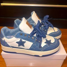 Denim Star Sneakers - Size 6 Kids (Size 8 Women) Brand New Condition Never Worn Casual Lace-up Sneakers With Star Print, Casual Lace-up Sneakers With Star Patch, Trendy Blue Sneakers For School, Pastel Core, Dream Outfits, Kawaii Core, Star Shoes, Size 8 Women, Star Jeans