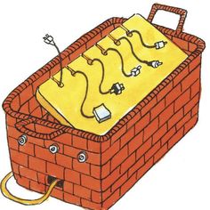 a drawing of a red brick box with cords attached to it's sides and an electrical outlet in the middle