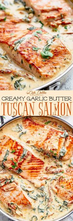 two pans filled with creamy garlic butter tuscan salmon