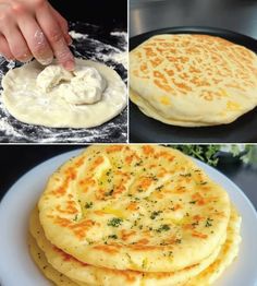 four pictures showing how to make flatbreads