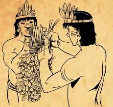 an image of two native american men with flowers on their head and one holding something in his hand