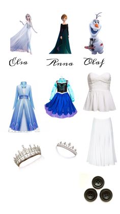 some princess dresses and tiaras are arranged in the shape of snow queen, frozen princess