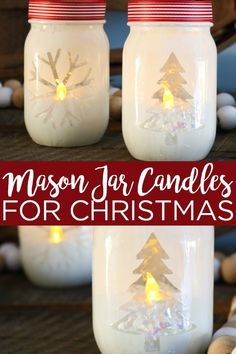 mason jar candles decorated with christmas trees