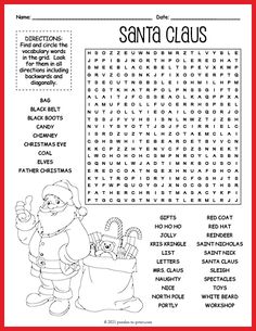 the santa claus word search is shown in this printable christmas themed activity book for kids