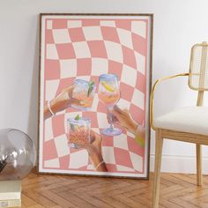 Checkered Cocktail Print, Keep Em Coming Print, Checkered Print, Retro Alcohol Print, Blue Bar Cart Wall Art, Funky Alcohol Print Blue Bar Cart, Poster House, Wall Art Funky, Bar Cart Wall, Art Funky, Cocktail Poster, Pink Cocktails, Cart Decor, Blue Bar