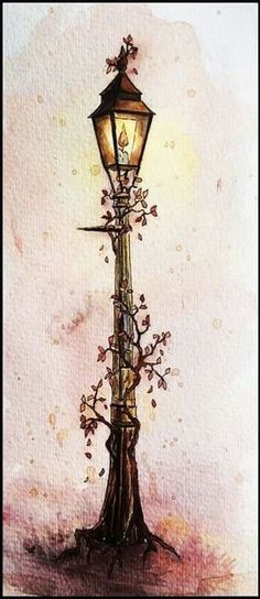 a painting of a lamp post with flowers on it