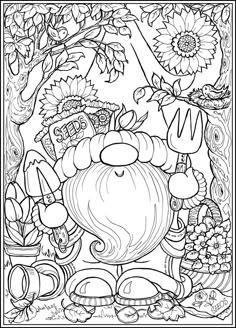 an adult coloring page with flowers and plants in the background, including a gnome's head