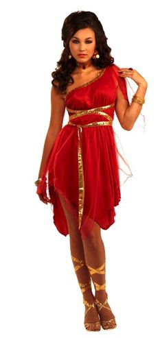 a woman in a red dress with gold trimmings on the waist and shoulders