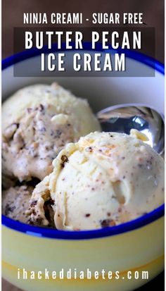 two scoops of ice cream in a yellow and blue bowl with text overlay