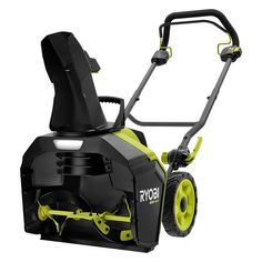 a black and yellow snow blower on a white background