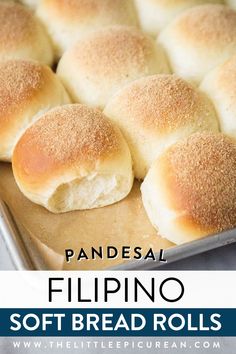 bread rolls on a baking tray with text overlay that reads filipino soft bread rolls Soft Pandesal Recipe, Filipino Bread, Pandesal Recipe, Filipino Food Dessert, Bread Roll, Pinoy Food