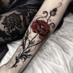 Artful Poppy Tattoo Sketches Arm Band Sleeve Tattoo, Pro Women Tattoos, Flower Goth Tattoo, Halloween Upper Arm Tattoo, Black And Grey Botanical Tattoo, Alice In Wonderland Rose Tattoo, Soft Goth Tattoo, Emo Tattoo Sleeve, Poppies Tattoo Design