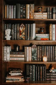 a bookshelf filled with lots of books on top of wooden shelves next to each other