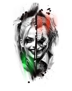 the joker and harley face painted in black, white, red and green colors with paint splatters