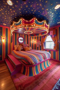 a brightly colored bedroom with a carousel bed