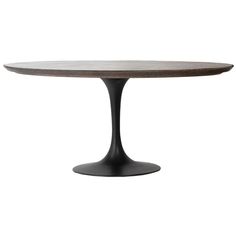 an oval dining table with black legs and a wooden top, against a white background