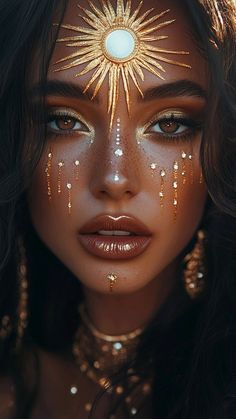 Sun Themed Makeup, Goddess Makeup Ideas, Sun Goddess Photoshoot, Goddess Birthday Theme, Aphrodite Makeup Goddesses, Syrian Makeup, New Years Makeup Ideas Creative, Gold Festival Makeup, African Goddess Photoshoot