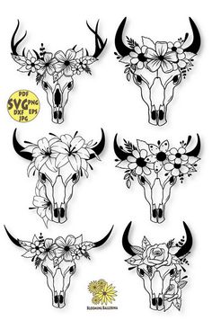 six steer heads with flowers on them