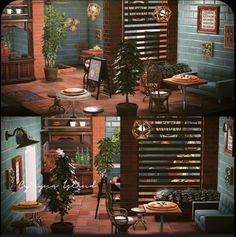 the interior of a living room is shown in three different pictures, one with plants on it