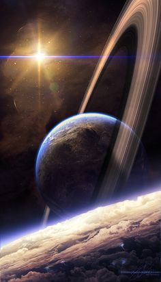 an artist's rendering of saturn and its rings in the sky, with sun shining behind it