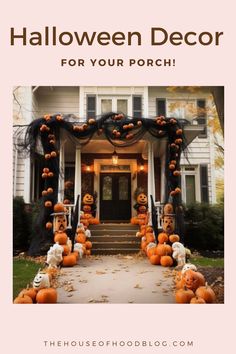 a house decorated for halloween with pumpkins on the porch