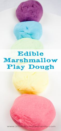 five edible marshmallow play doughs are arranged in a row with the words edible marshmallow play dough