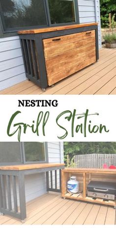 an outdoor grill station made out of pallet wood and metal with the words nesting grill station above it