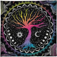 the tree of life is painted on a black background with stars and crescents around it