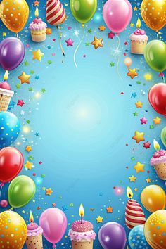 a birthday card with balloons, stars and cupcakes in the sky on a blue background