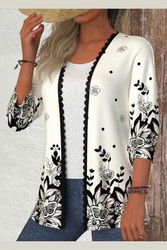 ROTITA Patchwork Floral Print Black 3/4 Sleeve Light Coat White 3/4 Sleeve Fall Cardigan, White Summer Cardigan With 3/4 Sleeves, Casual White 3/4 Sleeve Cardigan, White 3/4 Sleeve Cardigan For Fall, Casual White Cardigan With 3/4 Sleeve, Summer Cotton Cardigan With 3/4 Sleeves, Black Cardigan With Floral Embroidery, Black 3/4 Sleeve Cardigan For Fall, Long Cardigan Outfit