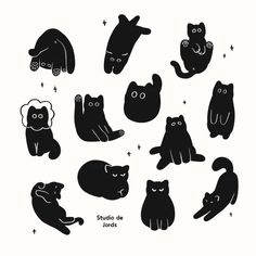 black and white silhouettes of cats in various positions, with stars on the background