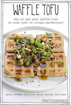 waffle tofu on a white plate with the title overlay reads how to use your waffle iron to cook to crispy perfection