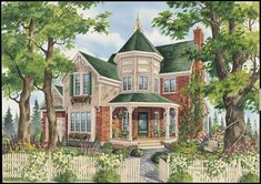 this is a painting of a victorian house in the country side yard with flowers and trees