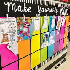 colorful bulletin board with writing and pictures on it