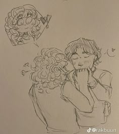 a drawing of a woman with curly hair holding her face to her chest and looking up at a balloon