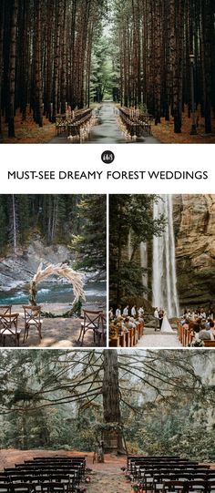 an outdoor ceremony with wooden chairs and waterfall in the background, surrounded by forest - like trees